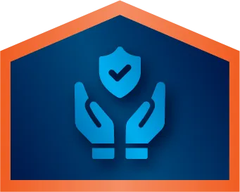 Blue icon of two hands holding a shield with a check mark inside, set against a dark background framed by an orange border shaped like a house roof.
