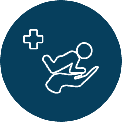 Emergency medical assistance icon with a healthcare provider helping a patient lying on a hand.