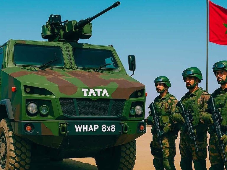Tata military armored vehicle with soldiers standing beside during defense display, showcasing modern military equipment and equipment used in defense operations.