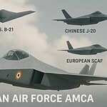 Advanced fighter jet comparison: Indian Air Force AMCA, U.S. B-21, Chinese J-20, European SCAF showcasing modern stealth aircraft technology and aerospace defense innovation.