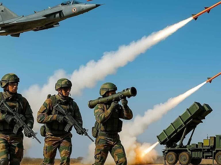 Military soldiers operating missile launchers and anti-aircraft systems during a defense exercise with fighter jets firing missiles in the background.