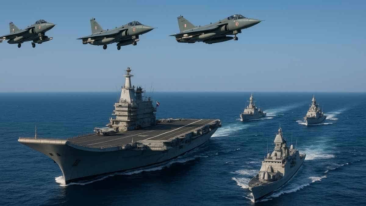 Fighter jets flying over a large aircraft carrier with supporting ships in the ocean, showcasing naval military power and defense capabilities.