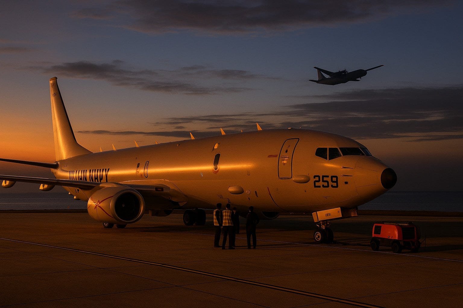 Tactical navy aircraft on the runway at sunset featuring a U.S. Navy Boeing P-8 Poseidon with a commercial jet in the background, emphasizing military aviation, maritime patrol, and defense capabilities.