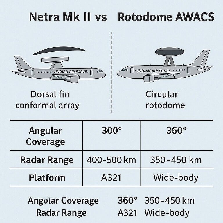 Netra Mk II vs DRDO rotodome AEW&C comparison graphic.
