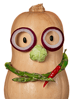 Butternut Chef C Vegetable face with onion glasses, asparagus, chili smile.