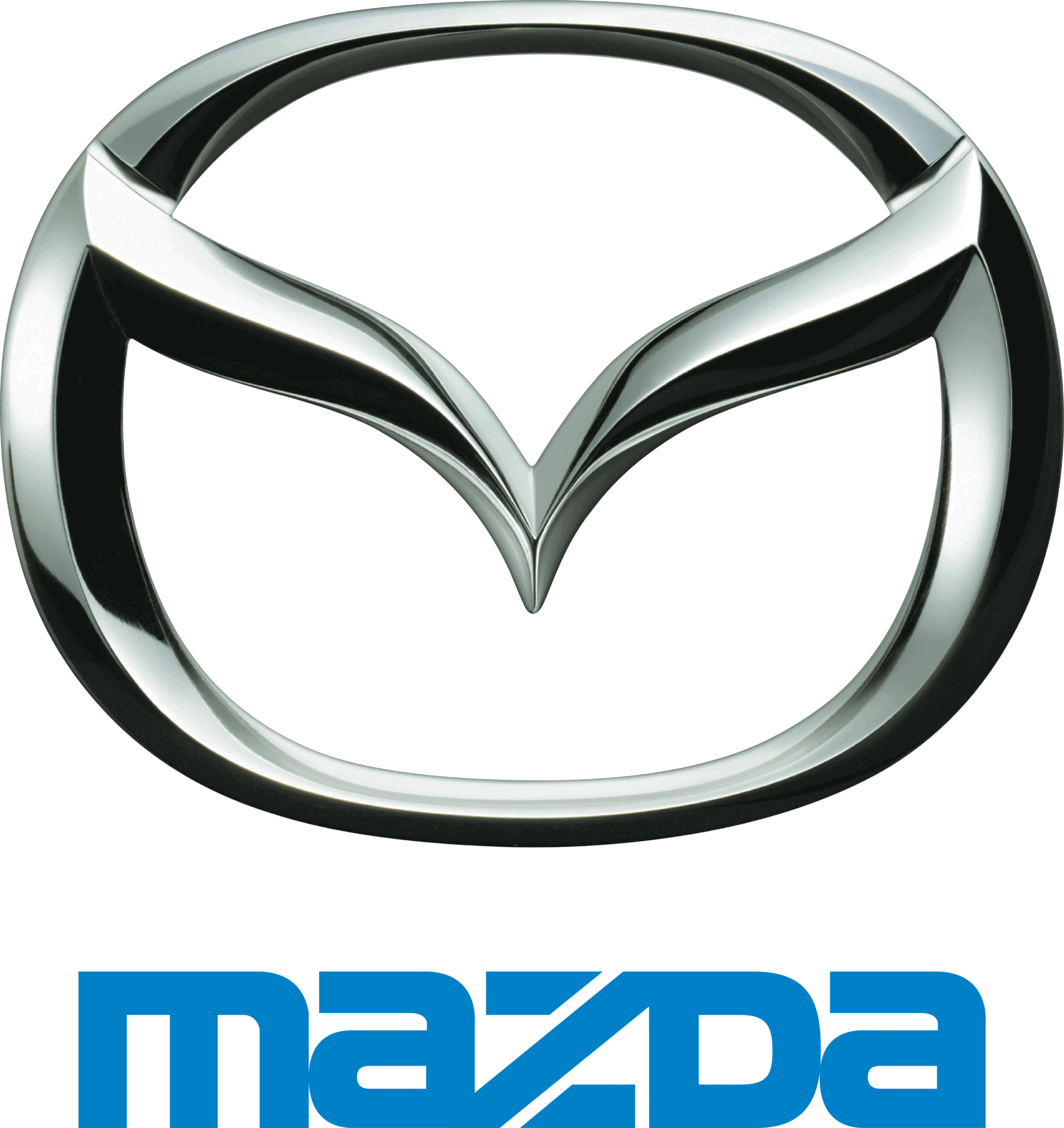 Close-up of Mazda logo on a vehicle, showcasing the sleek design and metallic finish, ideal for car enthusiasts and automotive service centers.