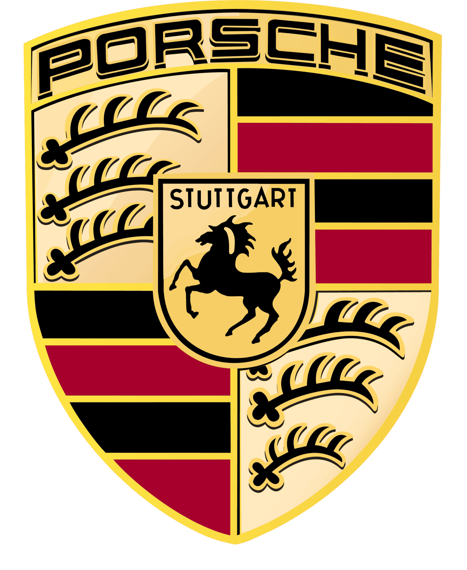 Close-up of Porsche Stuttgart emblem on a vehicle, showcasing the iconic crest with a black horse and red and gold accents, representing luxury and performance.