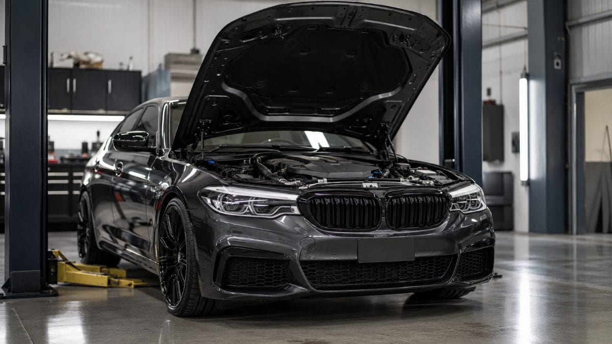 German luxury performance sedan with hood open in a premium service workshop