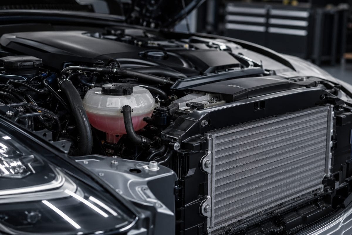 Engine bay of a European sports car showing the cooling system, radiator and coolant reservoir