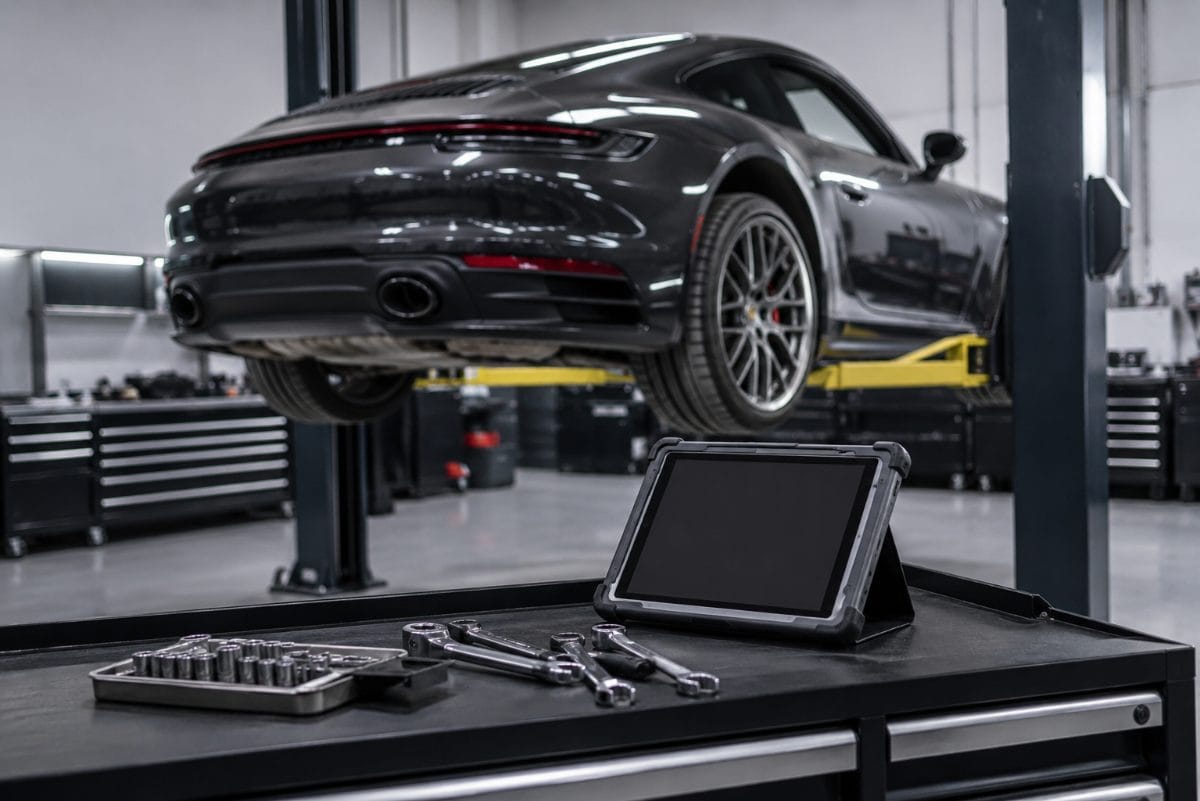 Luxury sports car on a service lift with diagnostic tablet and tools in a professional workshop