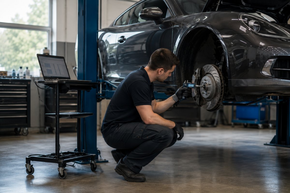 Technician measuring brake disc thickness with a gauge during a Porsche pre-purchase inspection, with a diagnostic laptop on a stand alongside
