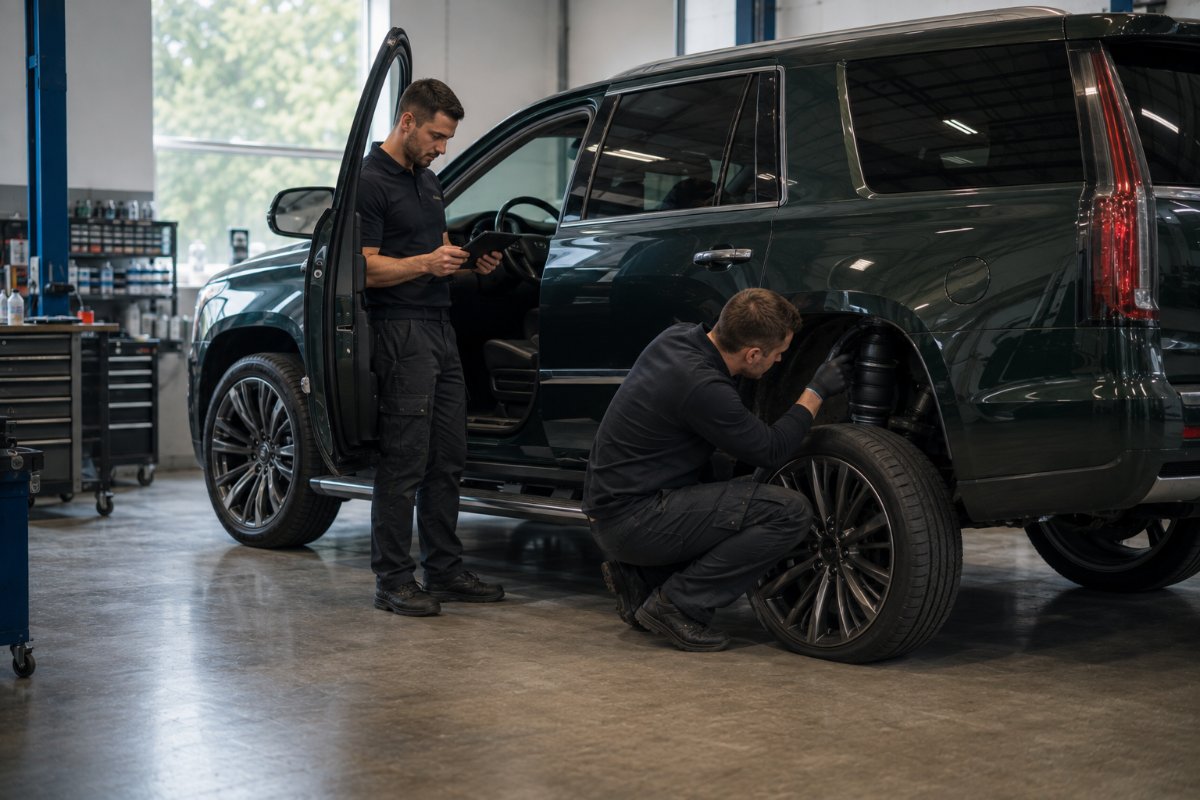 Technicians inspecting the air suspension and running diagnostics on a full-size luxury SUV in an independent European car workshop