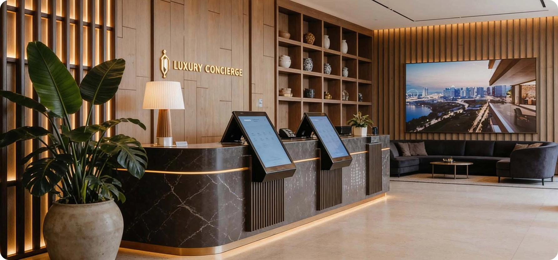 Modern hotel reception with digital check-in kiosks and stylish decor.