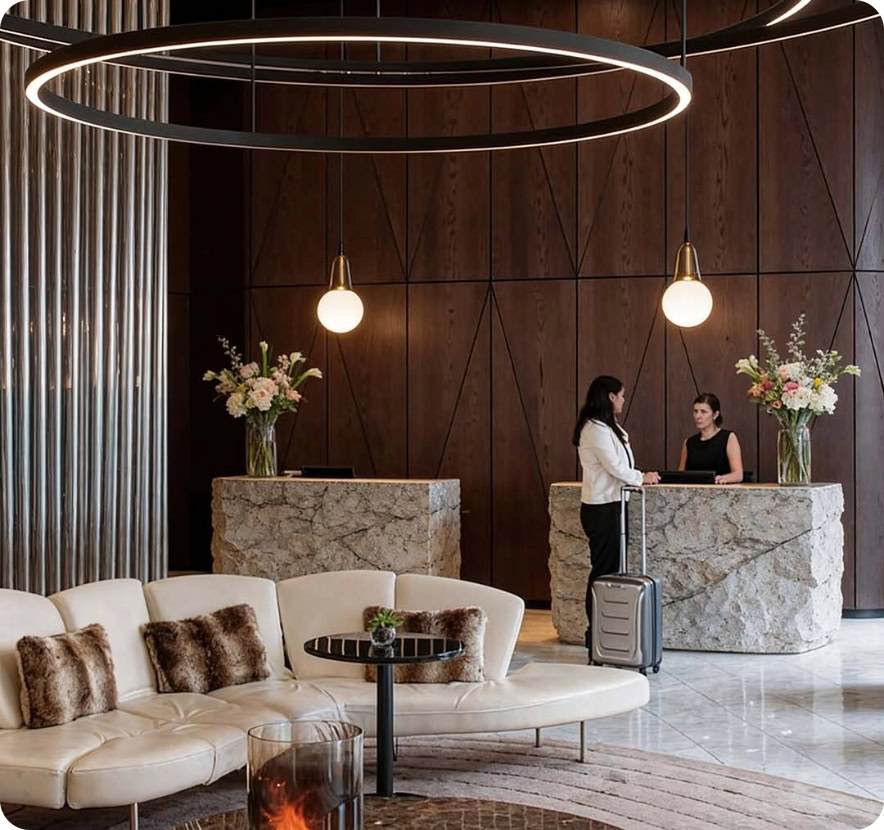 Contemporary hotel lobby with reception desk, seating area, and modern lighting fixtures.