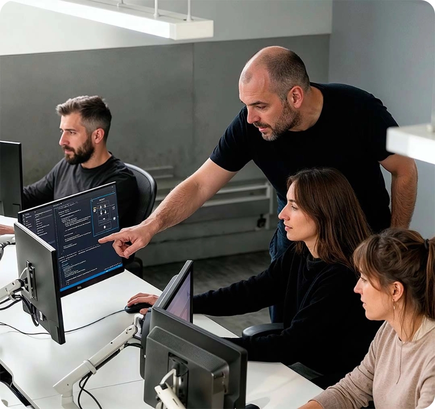 Team of developers working together on coding project at modern office.