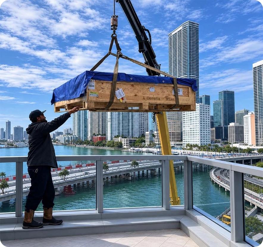 Worker guiding a large crate being lifted by crane on a city balcony.