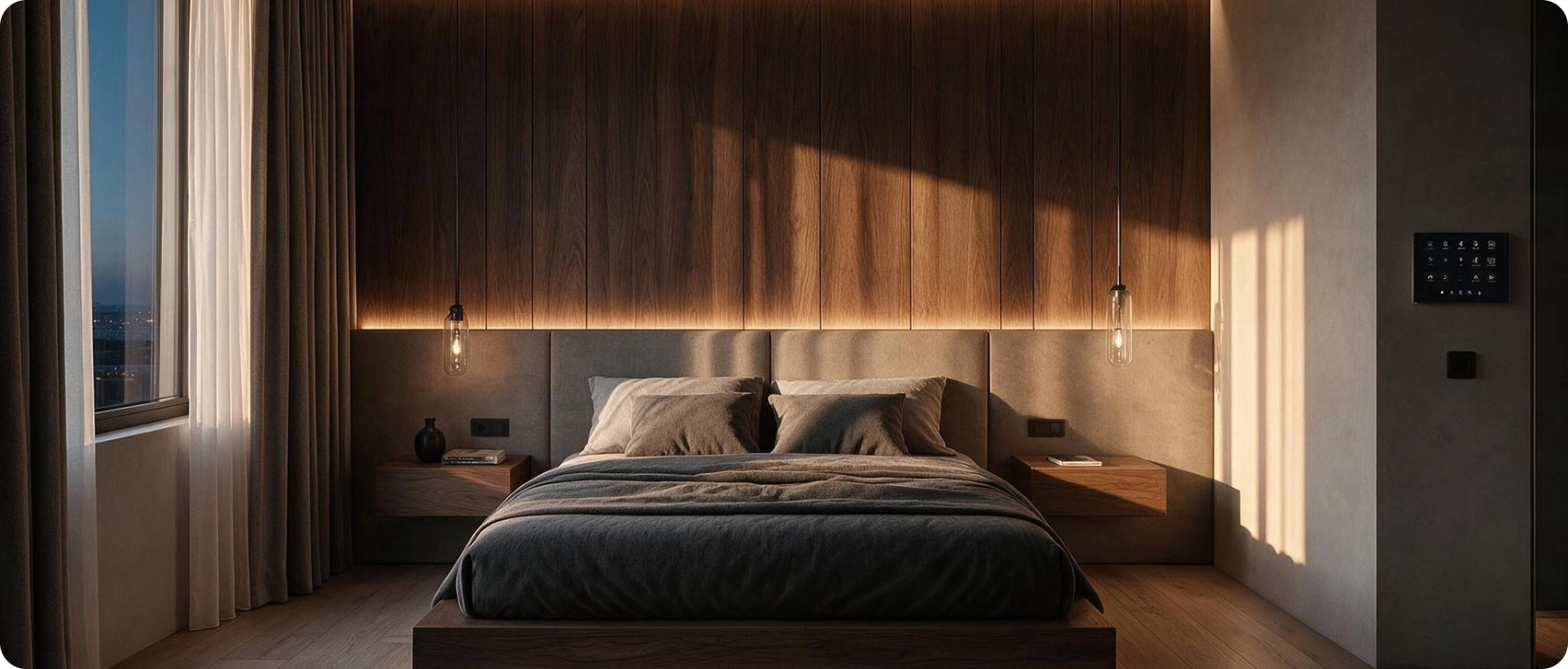 Contemporary bedroom with warm lighting and wooden accents.