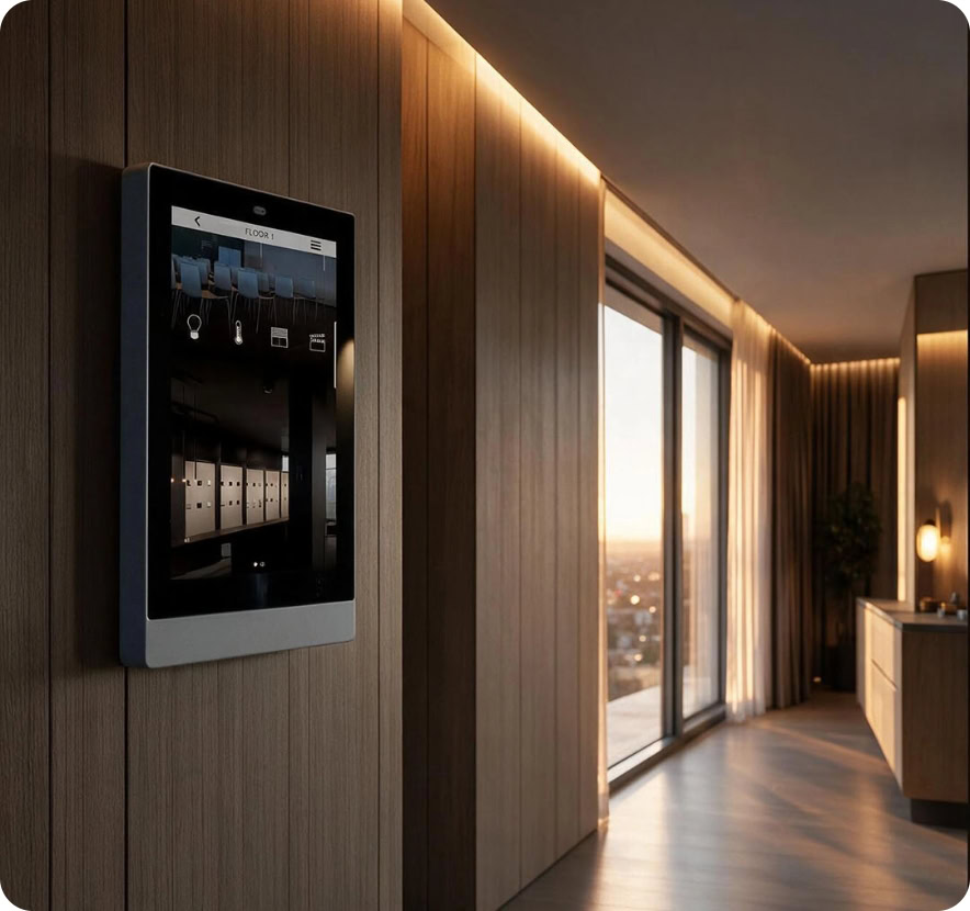 Smart home control panel mounted on wooden wall with city view.