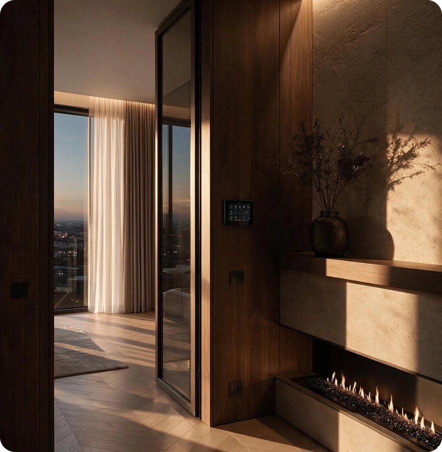 Elegant modern interior with fireplace, wooden accents, and city view from large windows.