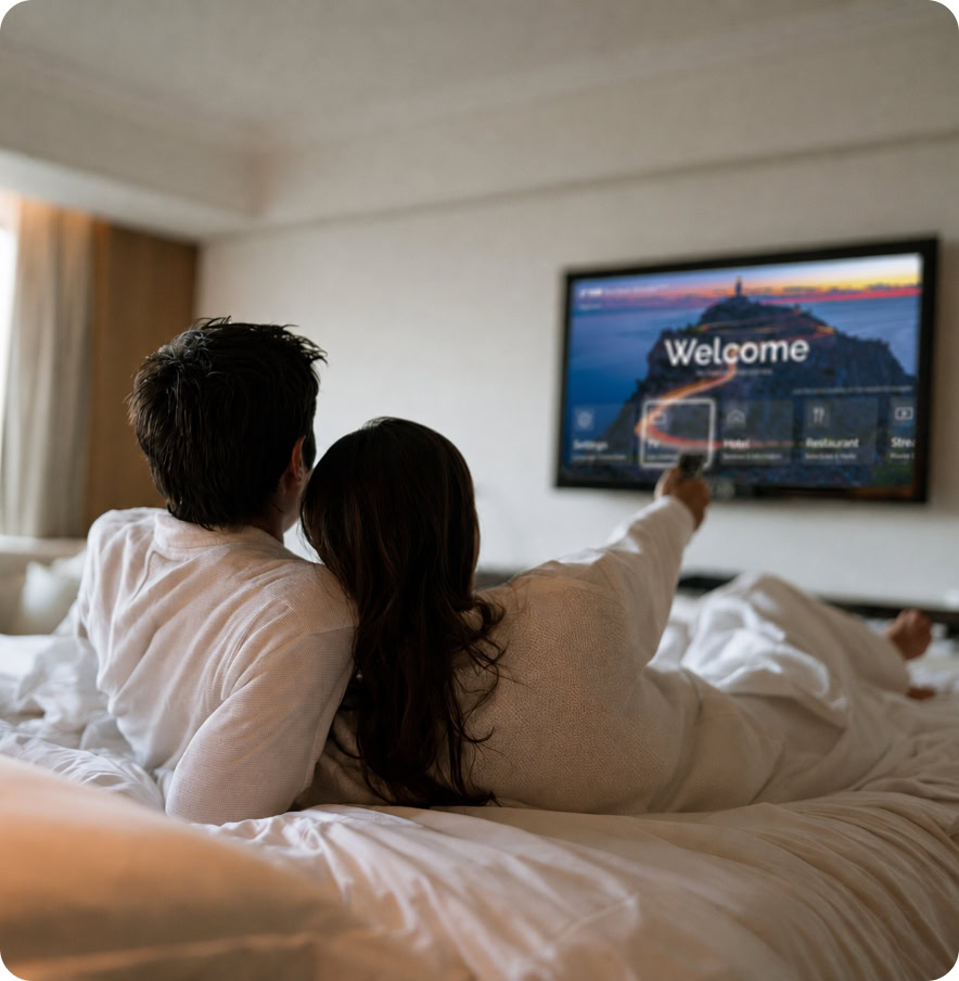 Couple relaxing on bed watching TV in hotel room with welcome screen.