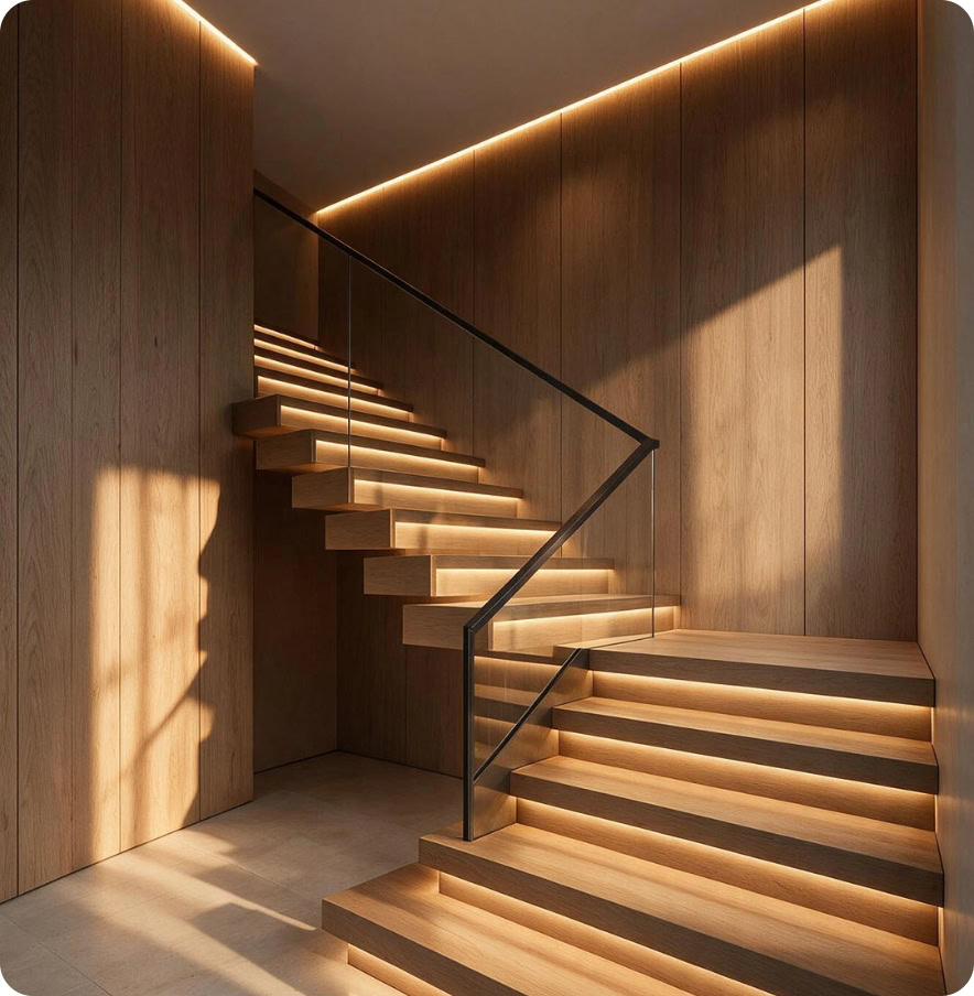 Contemporary wooden staircase with integrated lighting and minimalist design.