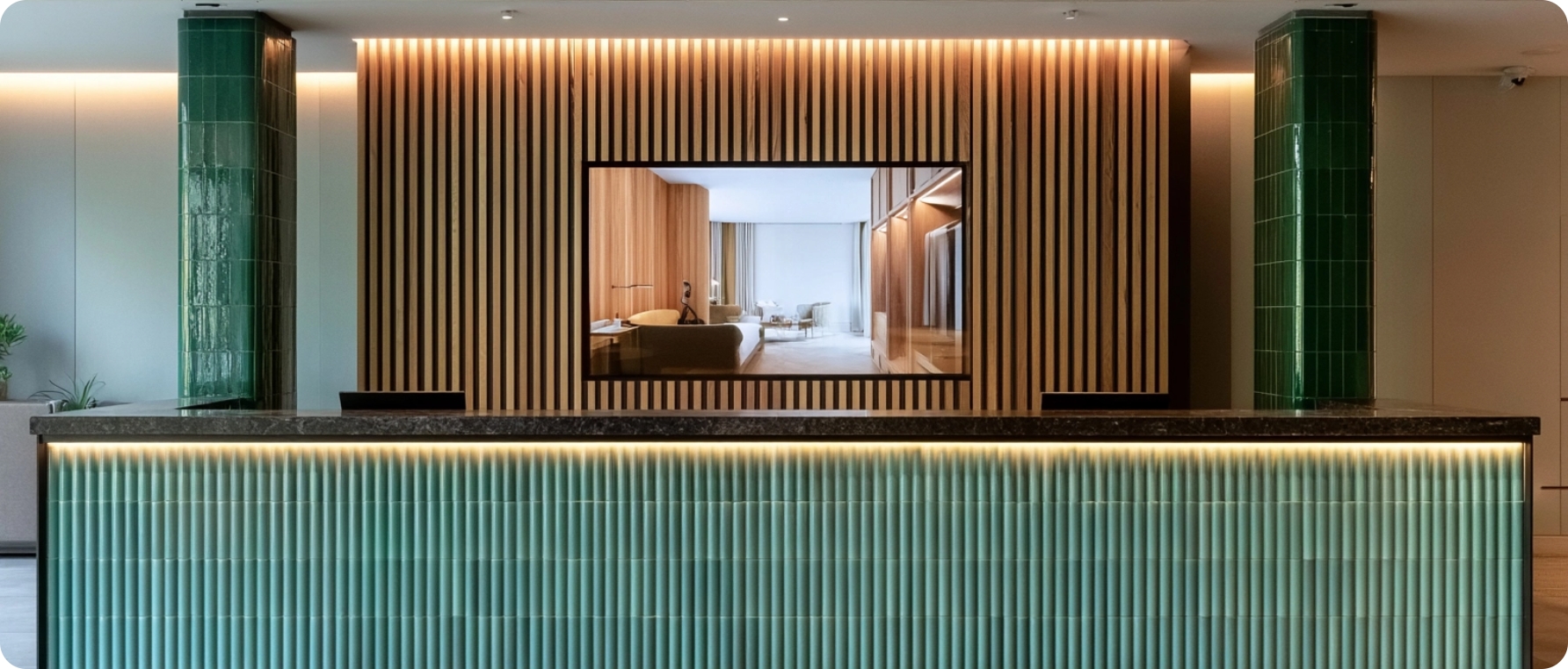 Contemporary hotel lobby with wooden accents and ambient lighting.