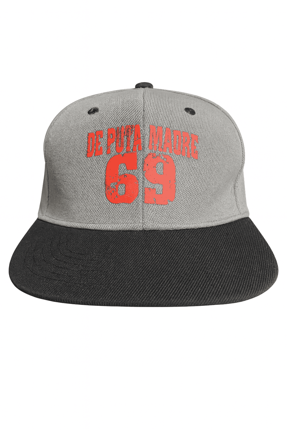 DE Puta Madre 69 bold Italian streetwear cap with distressed lettering and contrasting black brim.