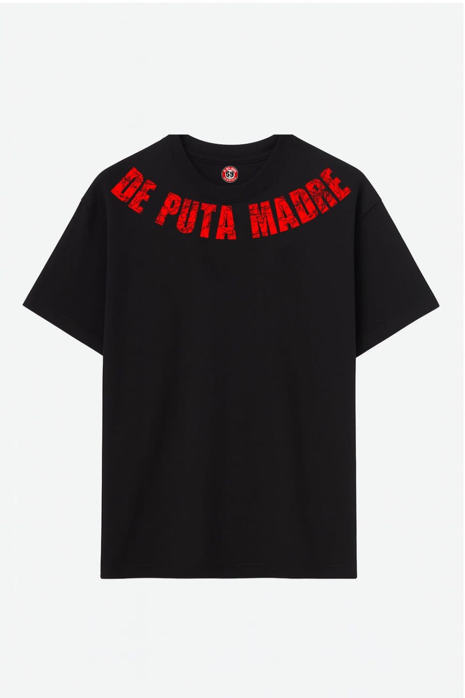 De Puta Madre 69 bold Italian streetwear t-shirt with red distressed text.