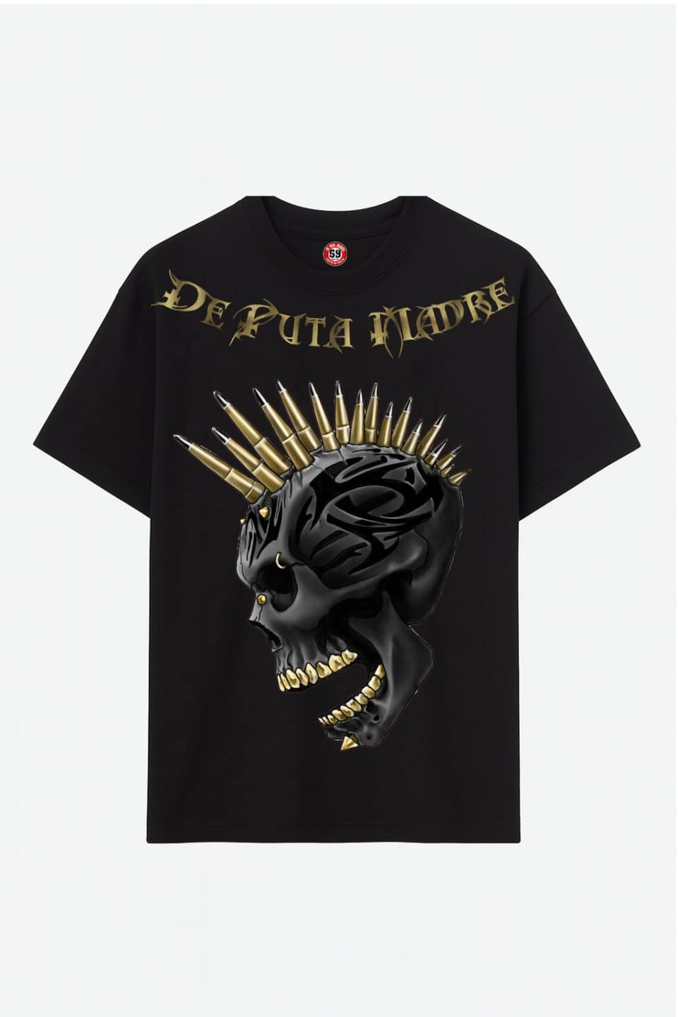 Bold black streetwear T-shirt with skull and gold spikes design from De Puta Madre 69.