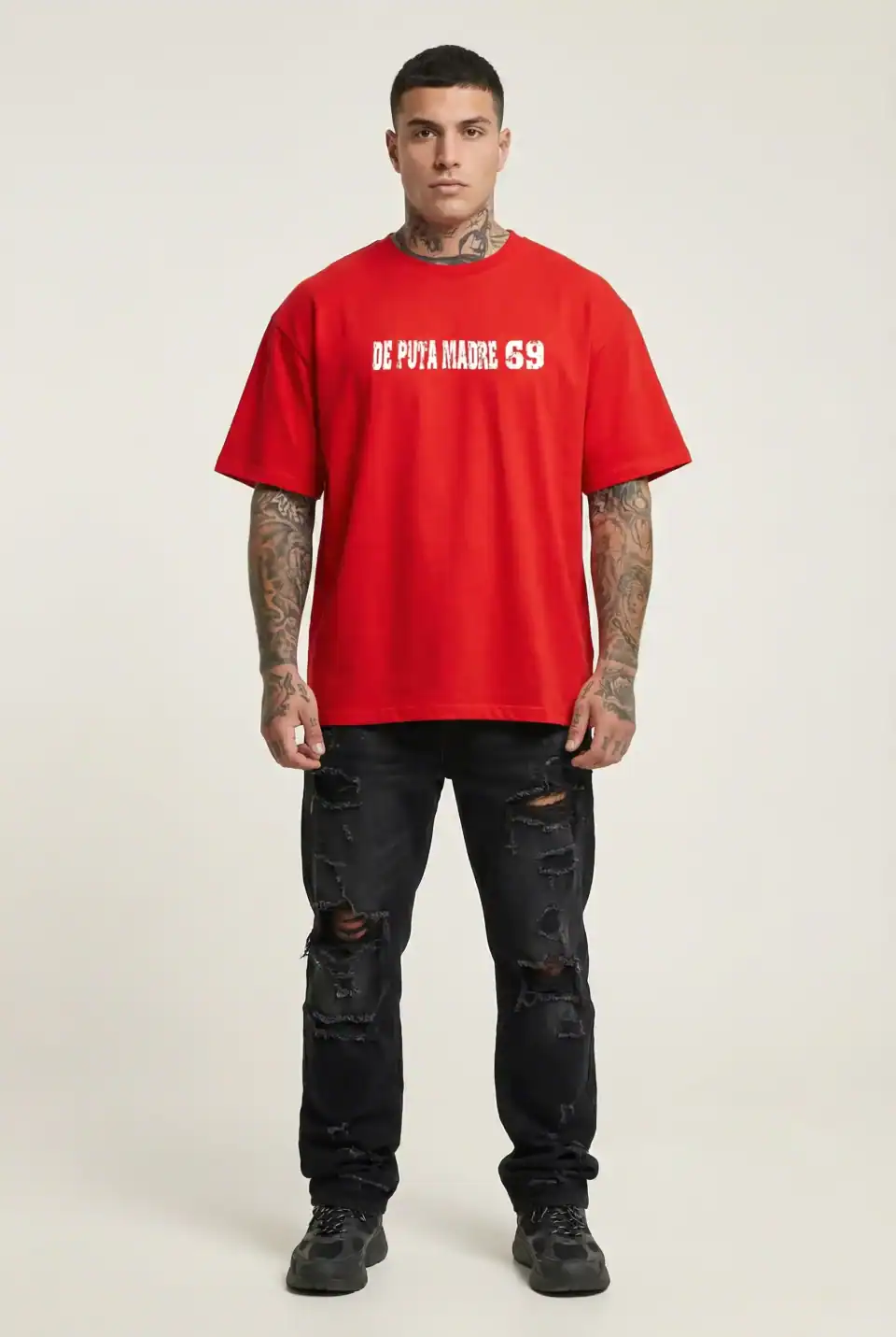De Puta Madre 69 red streetwear T-shirt, crafted in Italy, featuring bold logo, available in S-5XL.