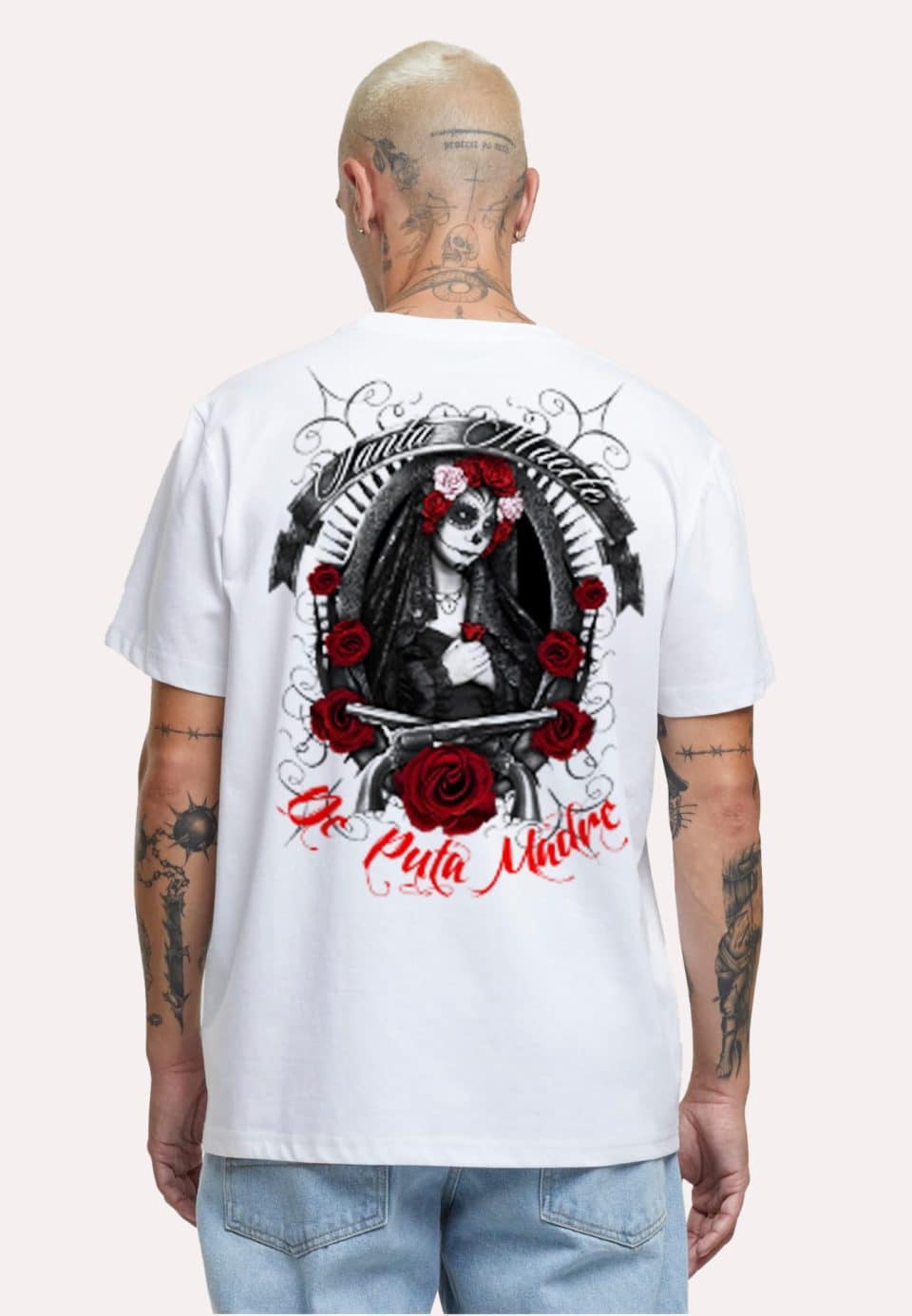 Vivid white streetwear t-shirt featuring Day of the Dead inspired graphic design with roses, skulls, and gothic elements.
