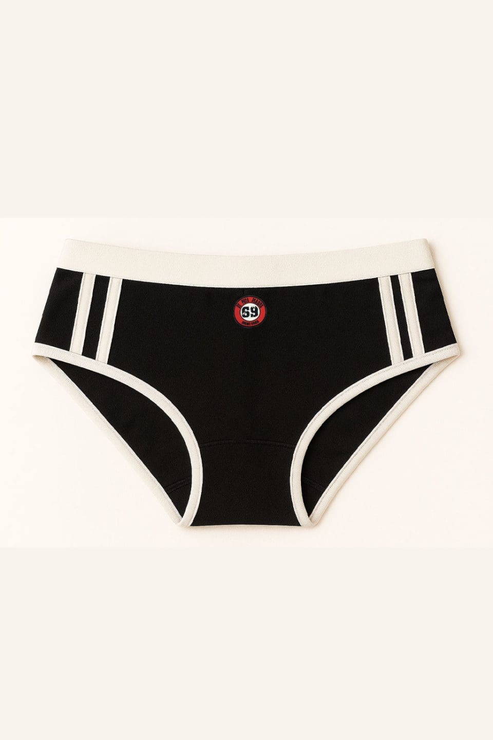 Black and white De Puta Madre 69 bold Italian streetwear briefs with logo detail.