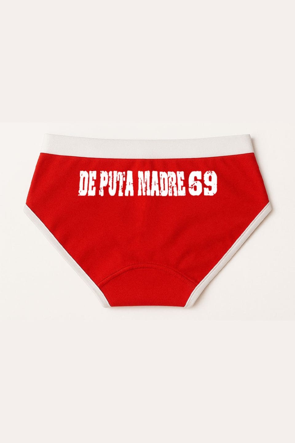 De Puta Madre 69 bold Italian streetwear logo underwear, red and white design.
