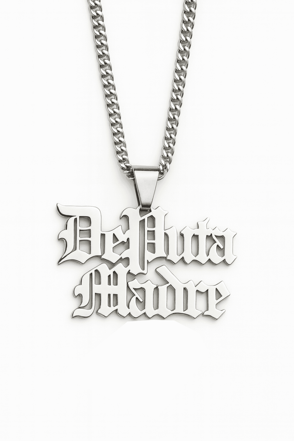 De Puta Madre bold Italian streetwear necklace with chain and logo pendant.