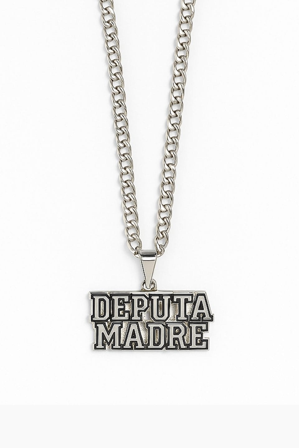 Bold silver chain necklace featuring "De Puta Madre" pendant, streetwear accessory for edgy fashion.