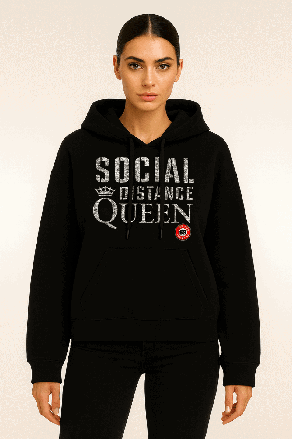Bold black hoodie with "Social Distance Queen" graphic, streetwear style, from De Puta Madre 69 collection.