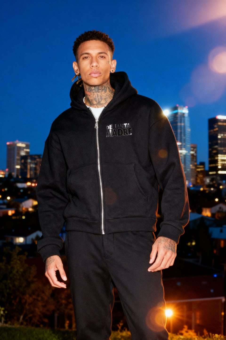 De puta madre 69 streetwear hoodie, urban streetwear fashion, streetwear hoodie for men, black hoodie with logo, bold Italian streetwear style.