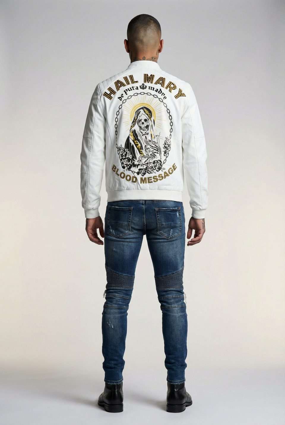 Skull graphic jacket with bold text and roses, urban streetwear style, made in Italy.