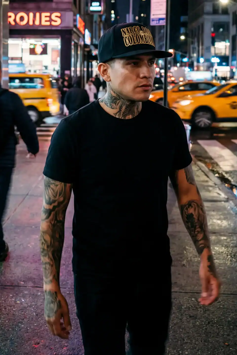 Bold streetwear model in NYC nightlife scene, wearing De Puta Madre 69 apparel.