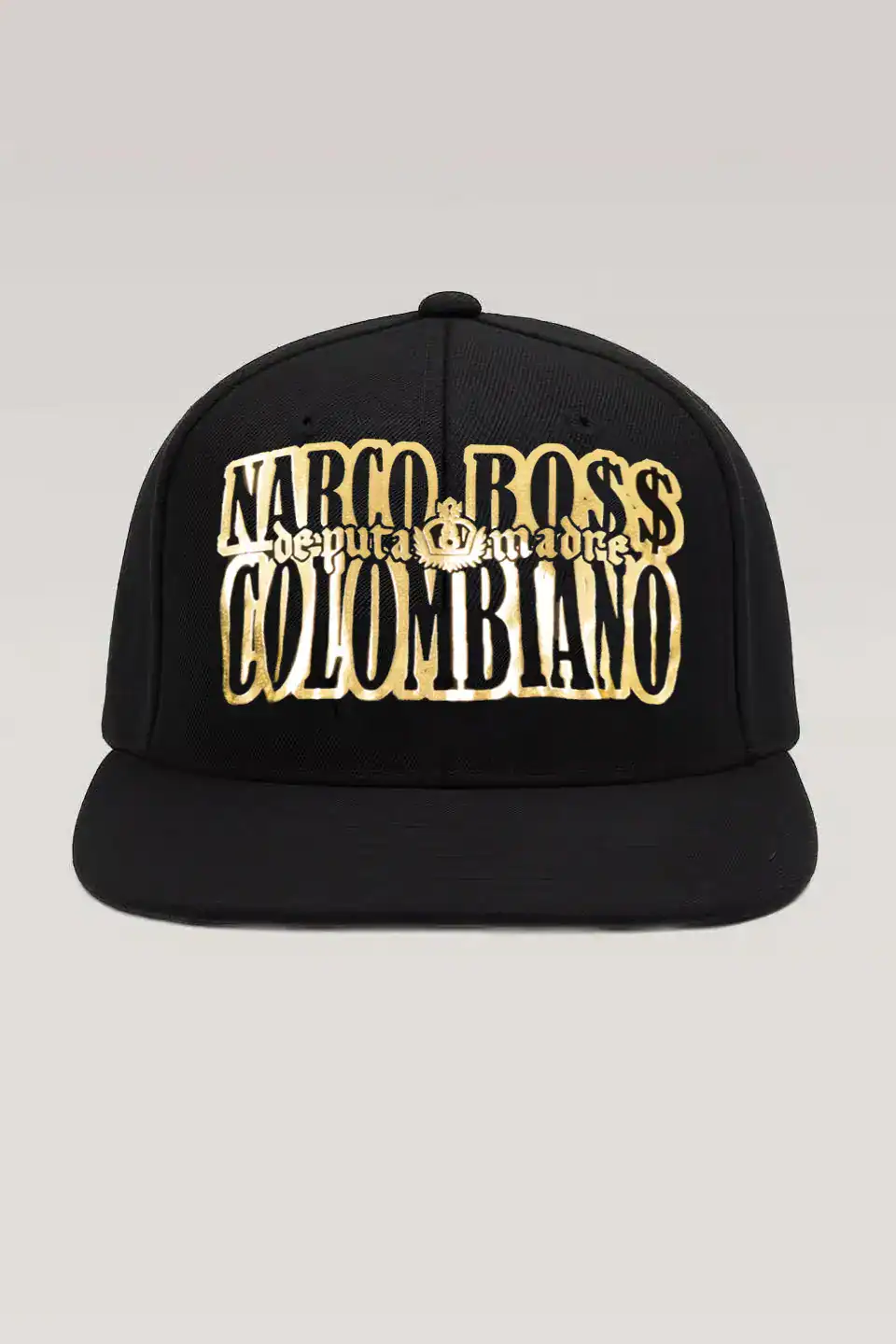 Bold black streetwear cap with gold lettering by De Puta Madre 69, Italian urban luxury fashion brand.