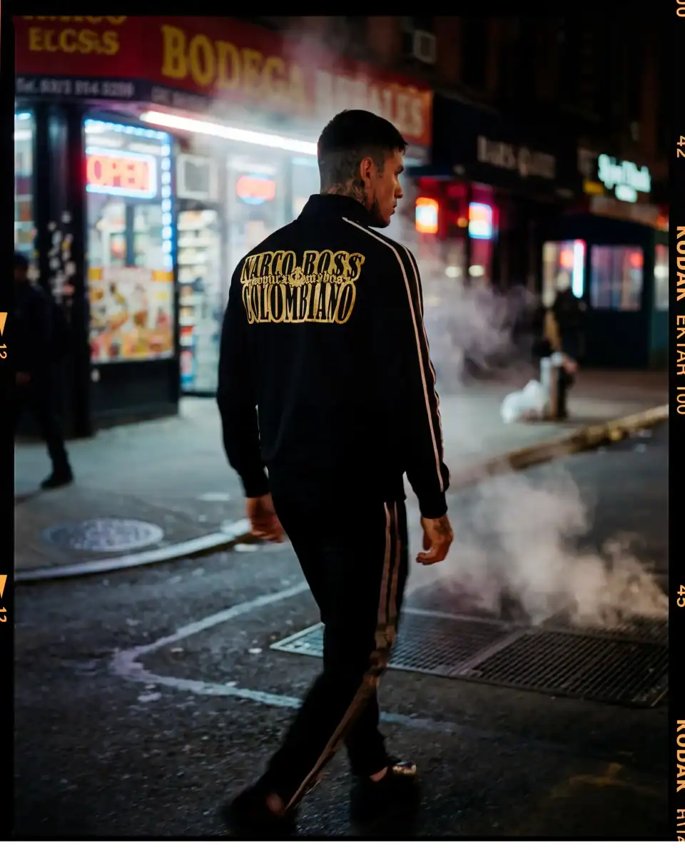 1. Man wearing De Puta Madre 69 streetwear jacket on city street at night.