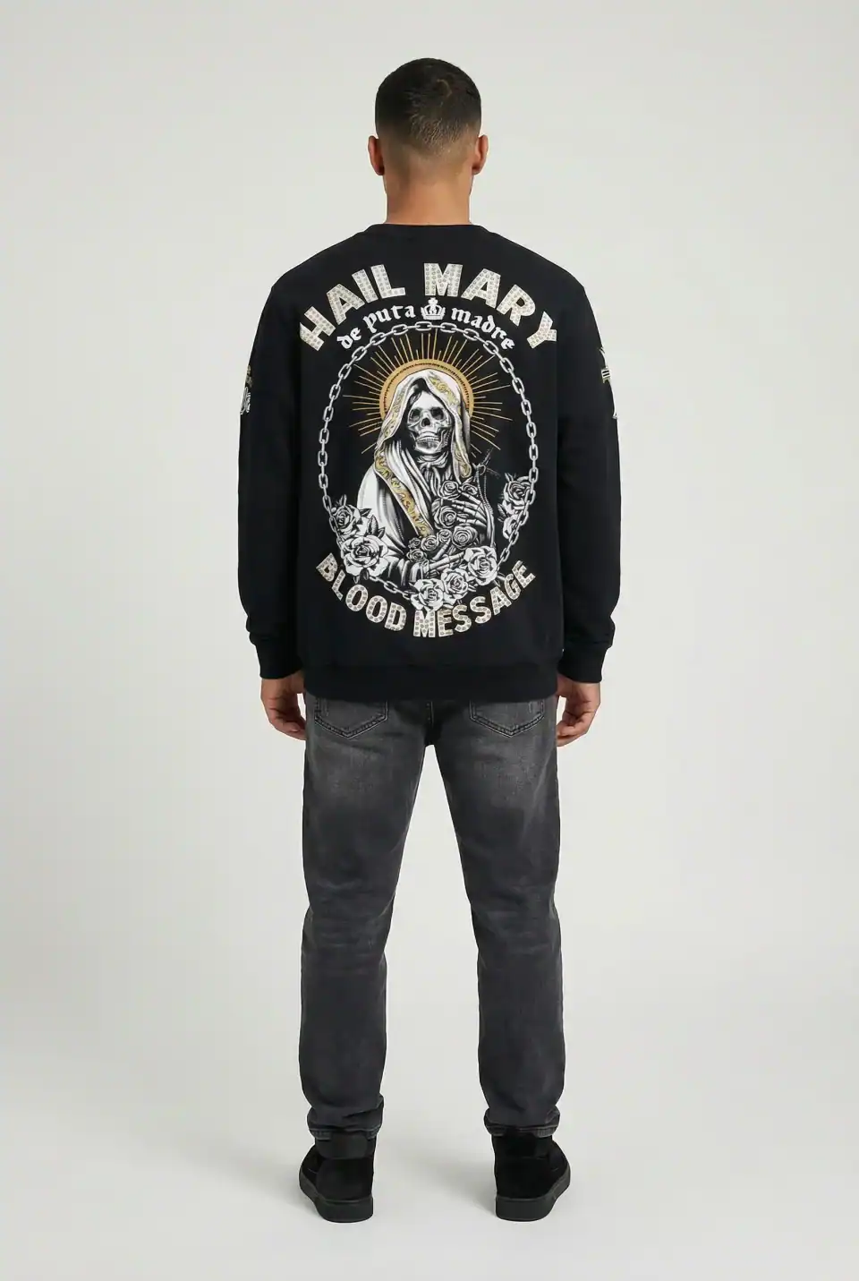 De Puta Madre 69, made in Italy, streetwear graphic sweatshirt featuring Hail Mary design.