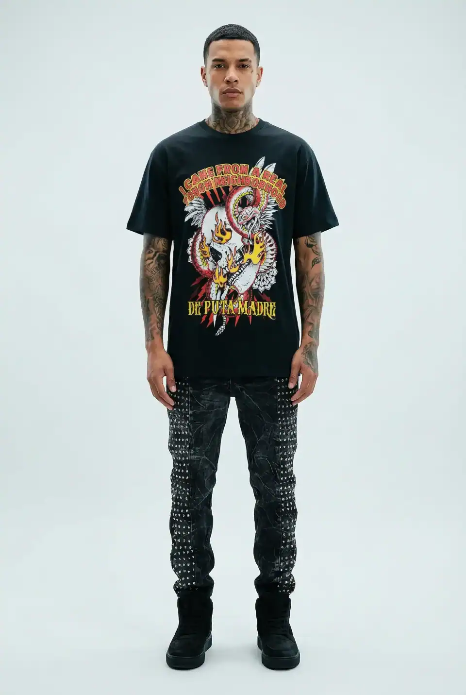 De Puta Madre 69 made in Italy streetwear graphic t-shirt with skull and snake design.