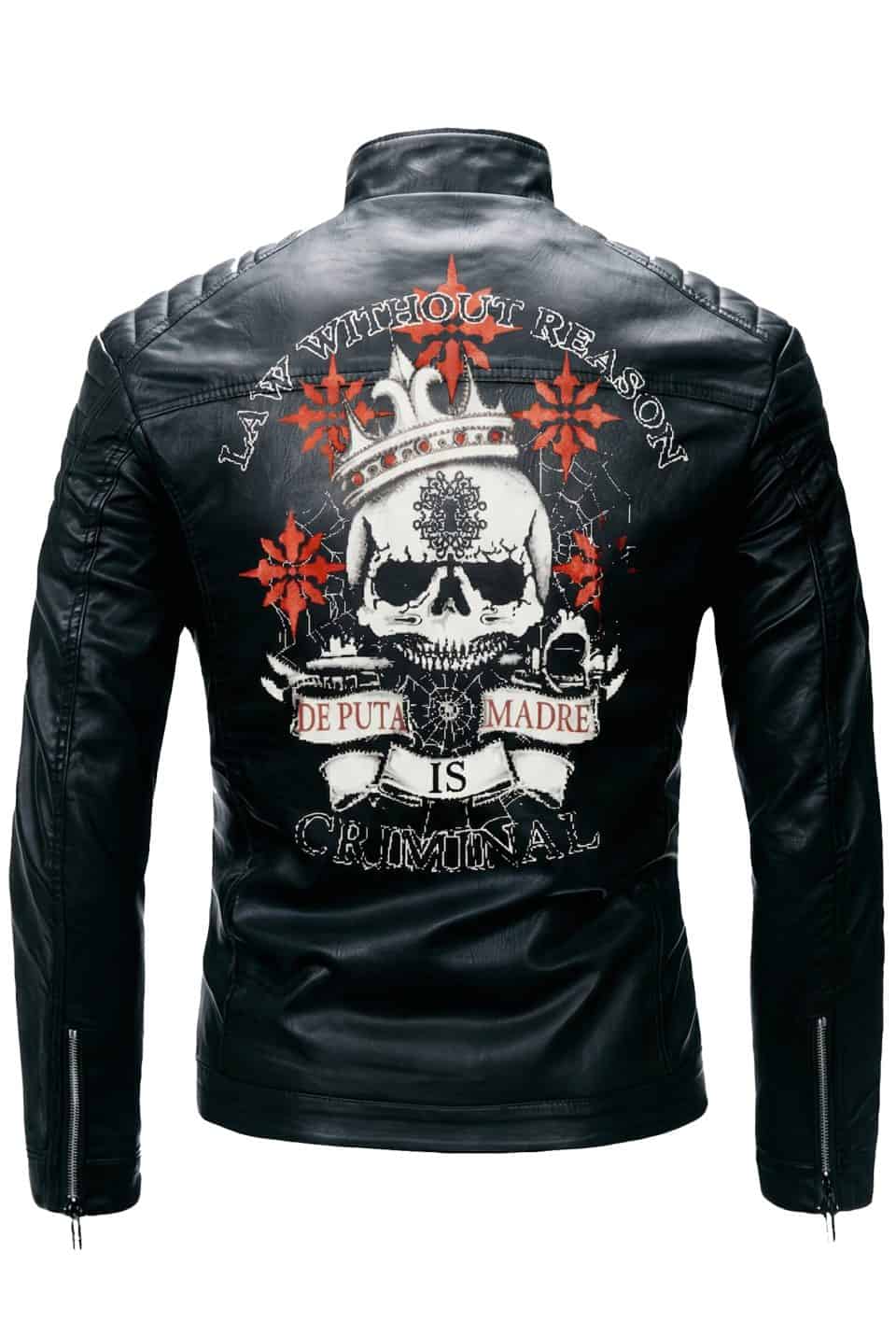 Black Eco-Leather Biker Jacket with Maxi Back Print “Skull Crown”
