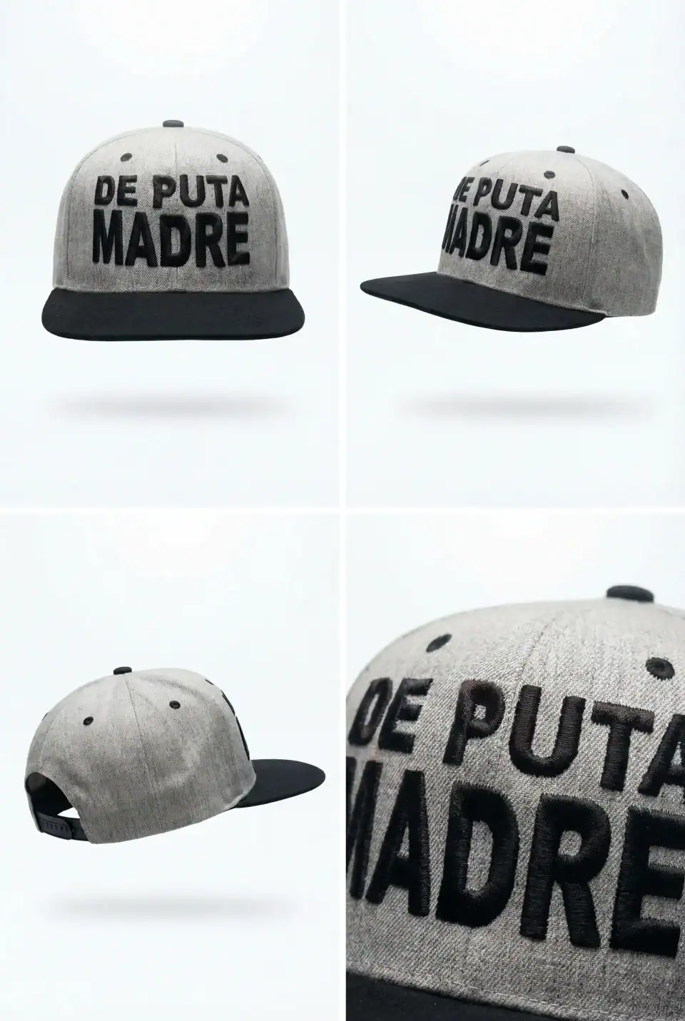 De Puta Madre 69 made in Italy streetwear 3D puff embroidery flat visor cap in grey and black.