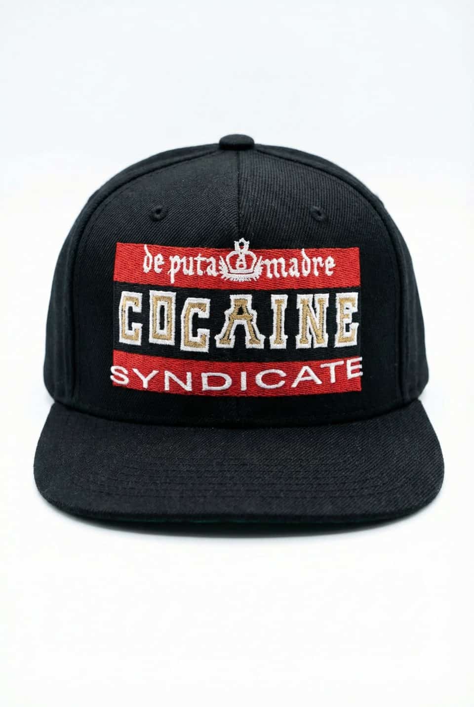 Embroidered Syndicate flat visor cap by De Puta Madre 69, made in Italy, streetwear style.