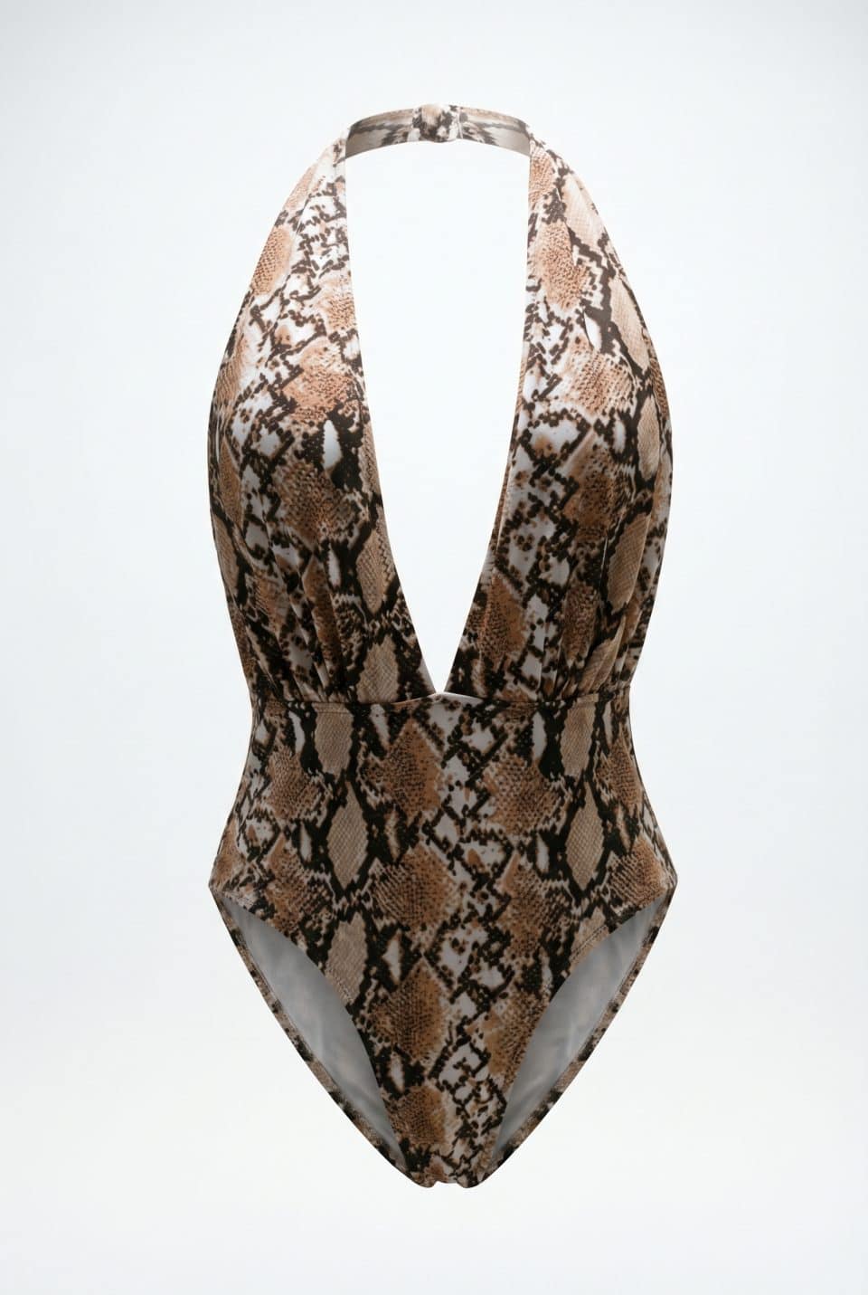Snake Print One Piece Swimsuit Deep Plunge Sexy Python Effect