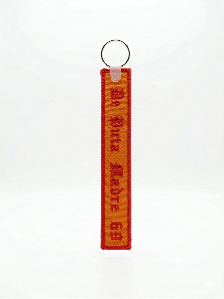Red De Puta Madre 69 keychain made in Italy, streetwear accessory with embroidery.