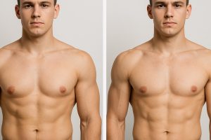 Zdjęcie przedstawia mężczyznę przed i po zabiegu modelowania ciała w klinice Derm-Estetyka.
