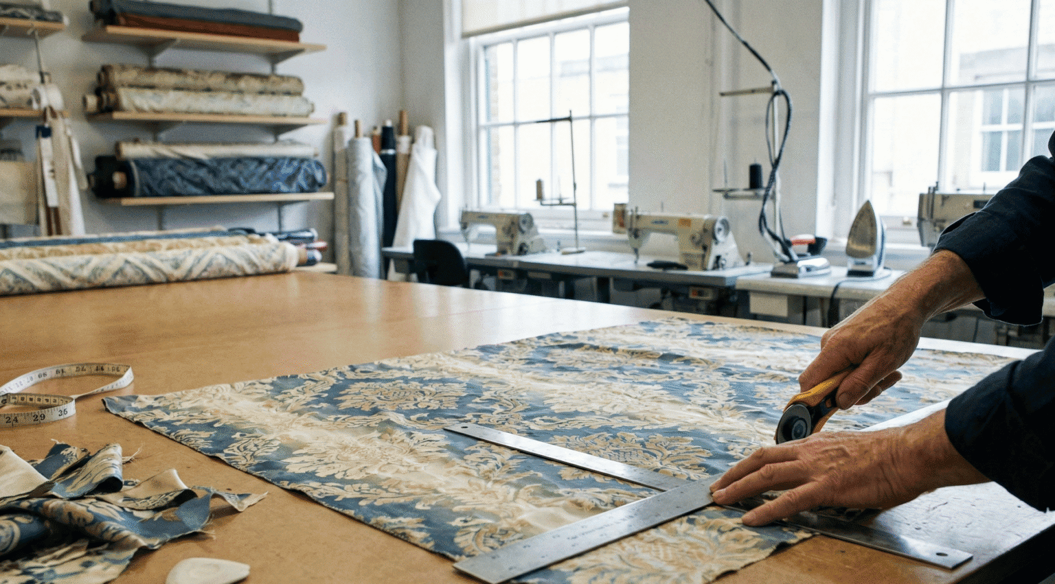 Fabric cutting and sewing in Vero Beach custom window treatment workroom.
